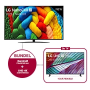Vooraanzicht van NanoCell TV, LG NanoCell Al Logo in de bovenhoek. LG NanoCell NANO80 TV brengt kleurrijke, schilderachtige texturen bij elkaar.