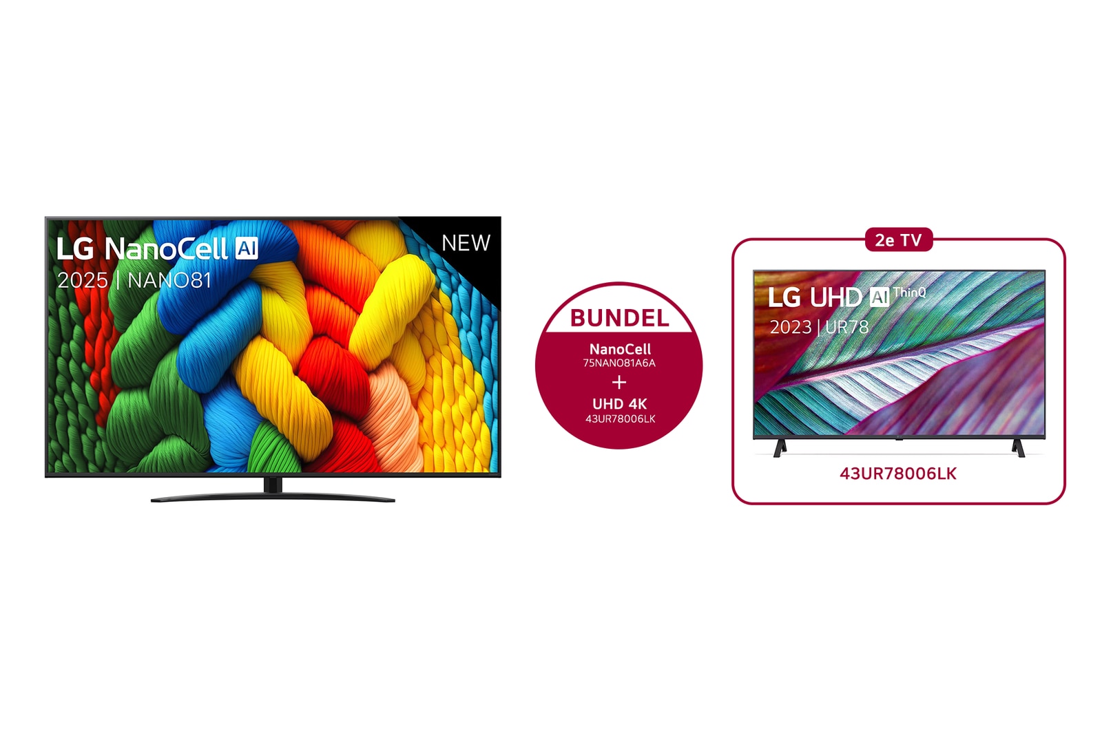 Vooraanzicht van NanoCell TV, LG NanoCell Al Logo in de bovenhoek. LG NanoCell NANO80 TV brengt kleurrijke, schilderachtige texturen bij elkaar.