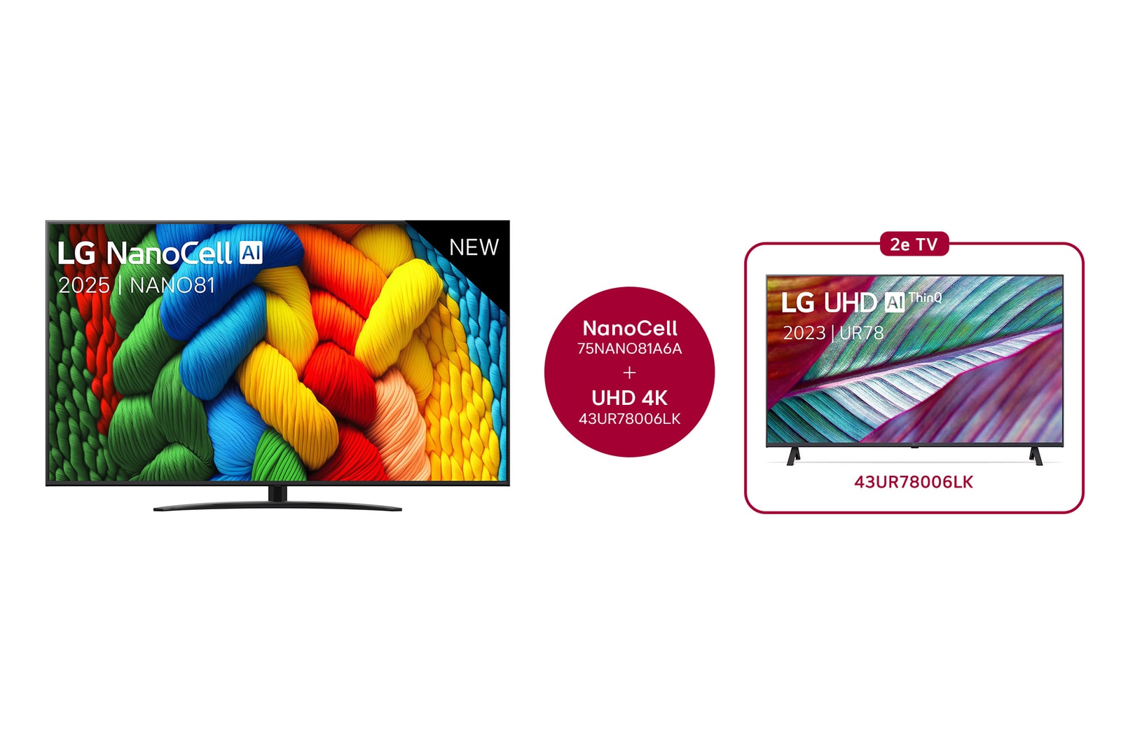 Vooraanzicht van NanoCell TV, LG NanoCell Al Logo in de bovenhoek. LG NanoCell NANO80 TV brengt kleurrijke, schilderachtige texturen bij elkaar.