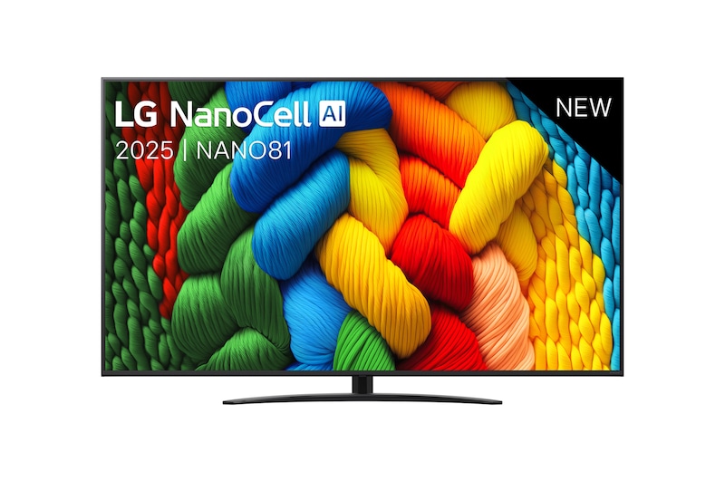 Vooraanzicht van NanoCell TV, LG NanoCell Al Logo in de bovenhoek. LG NanoCell NANO80 TV brengt kleurrijke, schilderachtige texturen bij elkaar.