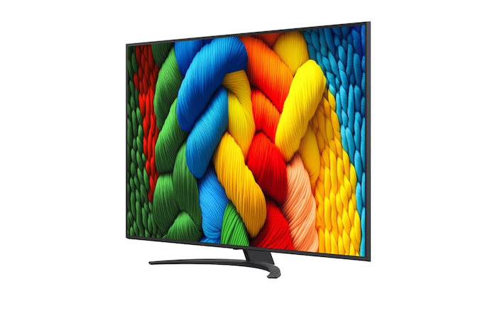 Vooraanzicht en zijaanzicht van LG NanoCell NANO80 AI 4K Smart TV die de lengte-, breedte-, hoogte- en diepteafmetingen weergeven.