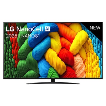 Vooraanzicht van NanoCell TV, LG NanoCell Al Logo in de bovenhoek. LG NanoCell NANO80 TV brengt kleurrijke, schilderachtige texturen bij elkaar.