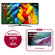 Vooraanzicht van NanoCell TV, LG NanoCell Al Logo in de bovenhoek. LG NanoCell NANO80 TV brengt kleurrijke, schilderachtige texturen bij elkaar.