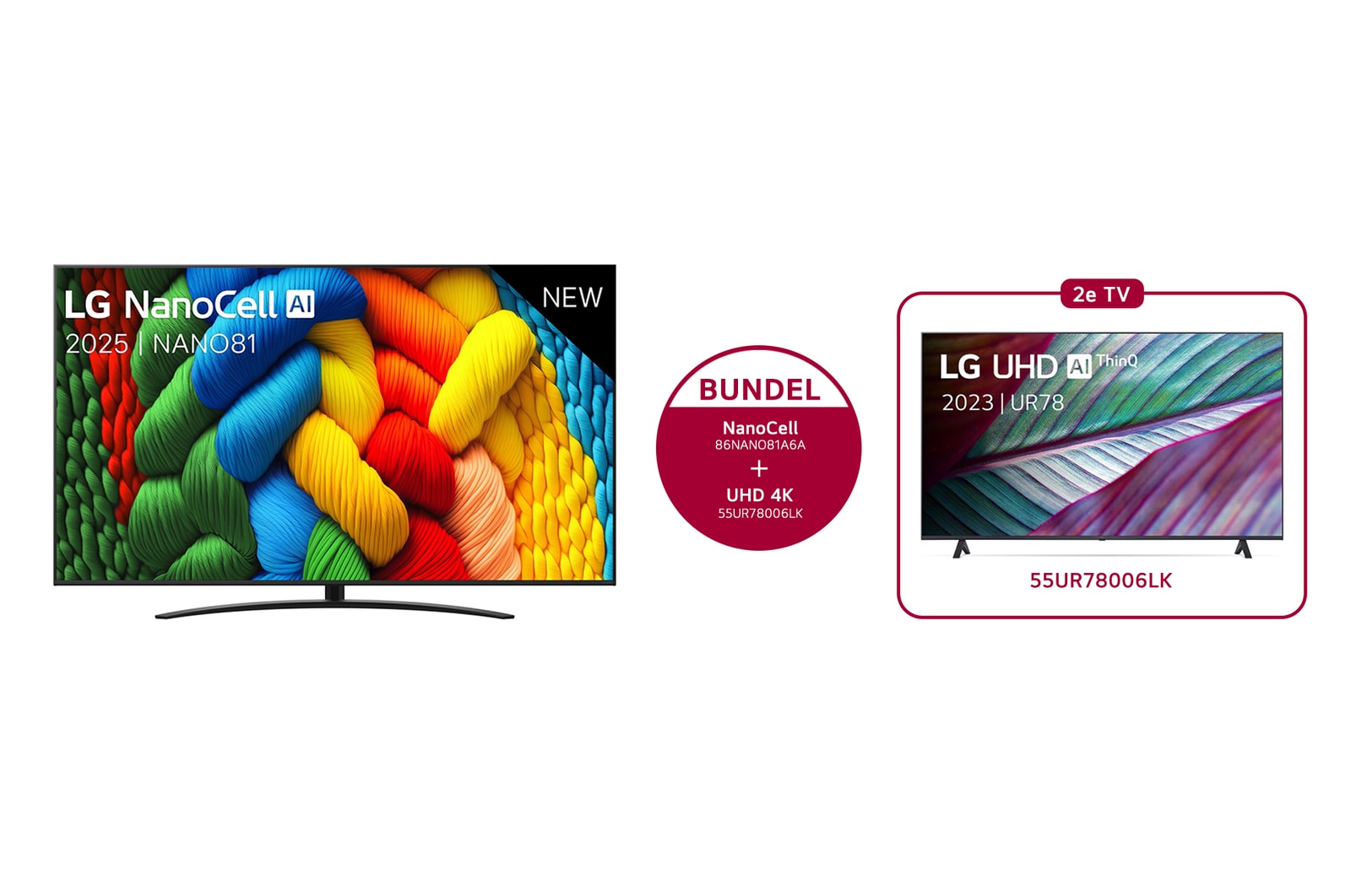 Vooraanzicht van NanoCell TV, LG NanoCell Al Logo in de bovenhoek. LG NanoCell NANO80 TV brengt kleurrijke, schilderachtige texturen bij elkaar.
