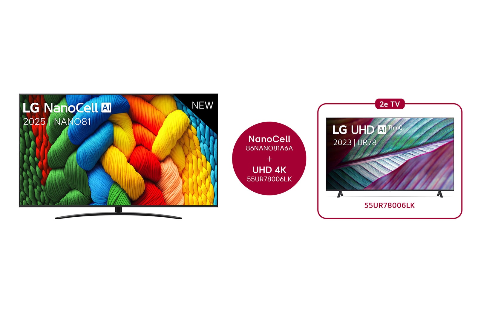 Vooraanzicht van NanoCell TV, LG NanoCell Al Logo in de bovenhoek. LG NanoCell NANO80 TV brengt kleurrijke, schilderachtige texturen bij elkaar.