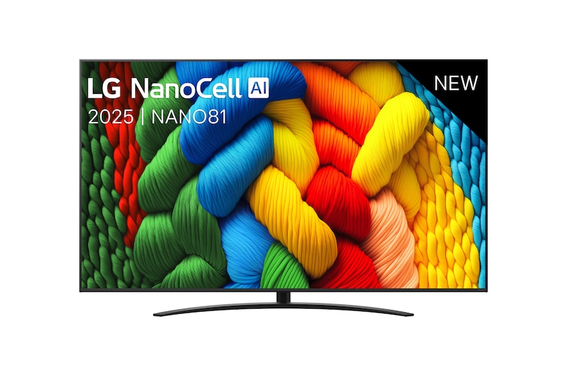 Vooraanzicht van NanoCell TV, LG NanoCell Al Logo in de bovenhoek. LG NanoCell NANO80 TV brengt kleurrijke, schilderachtige texturen bij elkaar.