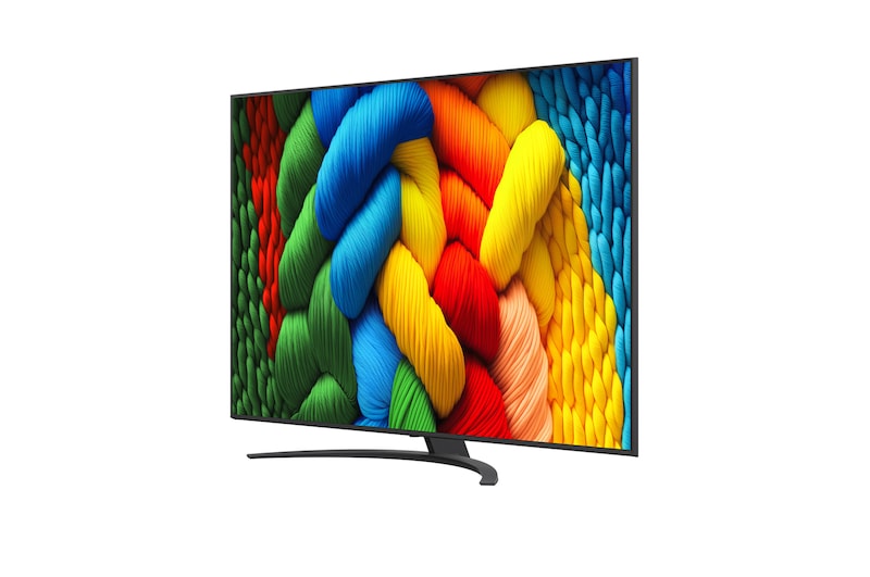 Vooraanzicht en zijaanzicht van LG NanoCell NANO80 AI 4K Smart TV die de lengte-, breedte-, hoogte- en diepteafmetingen weergeven.