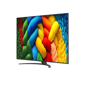 Vooraanzicht en zijaanzicht van LG NanoCell NANO80 AI 4K Smart TV die de lengte-, breedte-, hoogte- en diepteafmetingen weergeven.