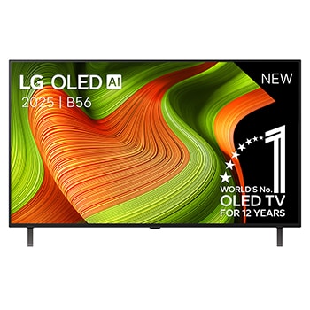 Vooraanzicht van LG OLED  AI C5 4K Smart TV. 12 jaar nummer 1 OLED-embleem ter wereld en het LG OLED  AI 2025-logo staan ​​op het scherm.