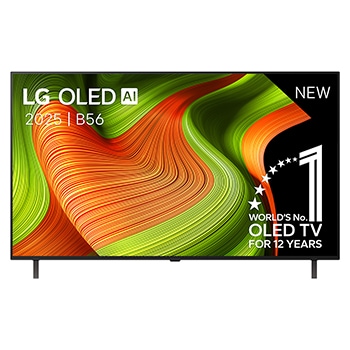 Vooraanzicht van LG OLED  AI C5 4K Smart TV. 12 jaar nummer 1 OLED-embleem ter wereld en het LG OLED  AI 2025-logo staan ​​op het scherm.
