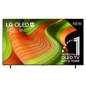 Vooraanzicht van LG OLED  AI C5 4K Smart TV. 12 jaar nummer 1 OLED-embleem ter wereld en het LG OLED  AI 2025-logo staan ​​op het scherm.