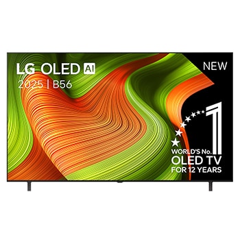 Vooraanzicht van LG OLED  AI C5 4K Smart TV. 12 jaar nummer 1 OLED-embleem ter wereld en het LG OLED  AI 2025-logo staan ​​op het scherm.