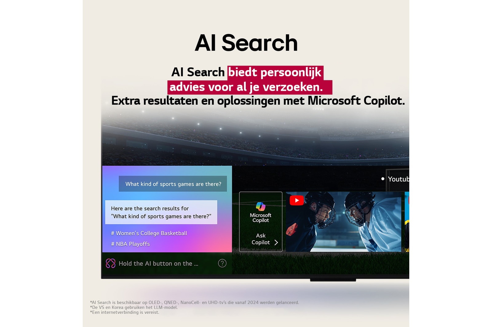 Close-up van een LG OLED TV-scherm waarop te zien is hoe AI Search werkt. Er wordt een klein chatscherm geopend dat weergeeft hoe de gebruiker heeft gevraagd voor de beschikbare sportwedstrijden. AI Search reageert via chat en via miniatuurafbeeldingen van verschillende beschikbare inhoud weer te geven. Er wordt ook gevraagd om het aan Microsoft Copilot te vragen.