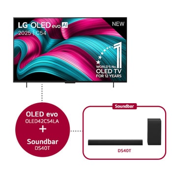 Front view of LG OLED evo AI C5 4K Smart TV. 12 Years of world number 1 OLED emblem and LG OLED evo AI 2025 logo are on the screen.