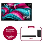 Front view of LG OLED evo AI C5 4K Smart TV. 12 Years of world number 1 OLED emblem and LG OLED evo AI 2025 logo are on the screen.