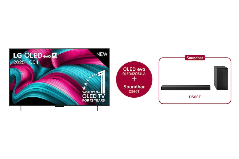 Vooraanzicht van 42 inch LG OLED evo AI C5 4K Smart TV 2025 & DS60T 3.1-kanaal  OLED42C54LA.DS60T
