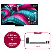 Vooraanzicht van LG OLED evo AI C5 4K Smart TV. 12 jaar nummer 1 OLED-embleem ter wereld en het LG OLED evo AI 2025-logo staan ​​op het scherm.