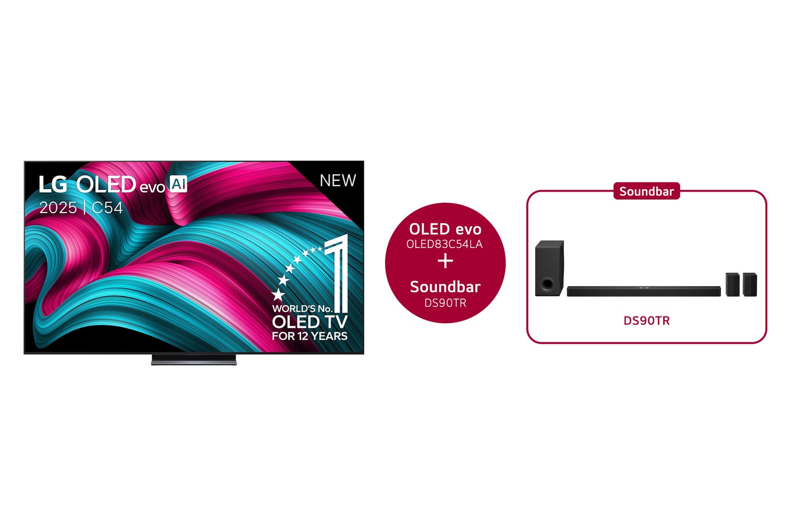 Vooraanzicht van LG OLED evo AI C5 4K Smart TV. 12 jaar nummer 1 OLED-embleem ter wereld en het LG OLED evo AI 2025-logo staan ​​op het scherm.