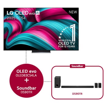 Vooraanzicht van LG OLED evo AI C5 4K Smart TV. 12 jaar nummer 1 OLED-embleem ter wereld en het LG OLED evo AI 2025-logo staan ​​op het scherm.