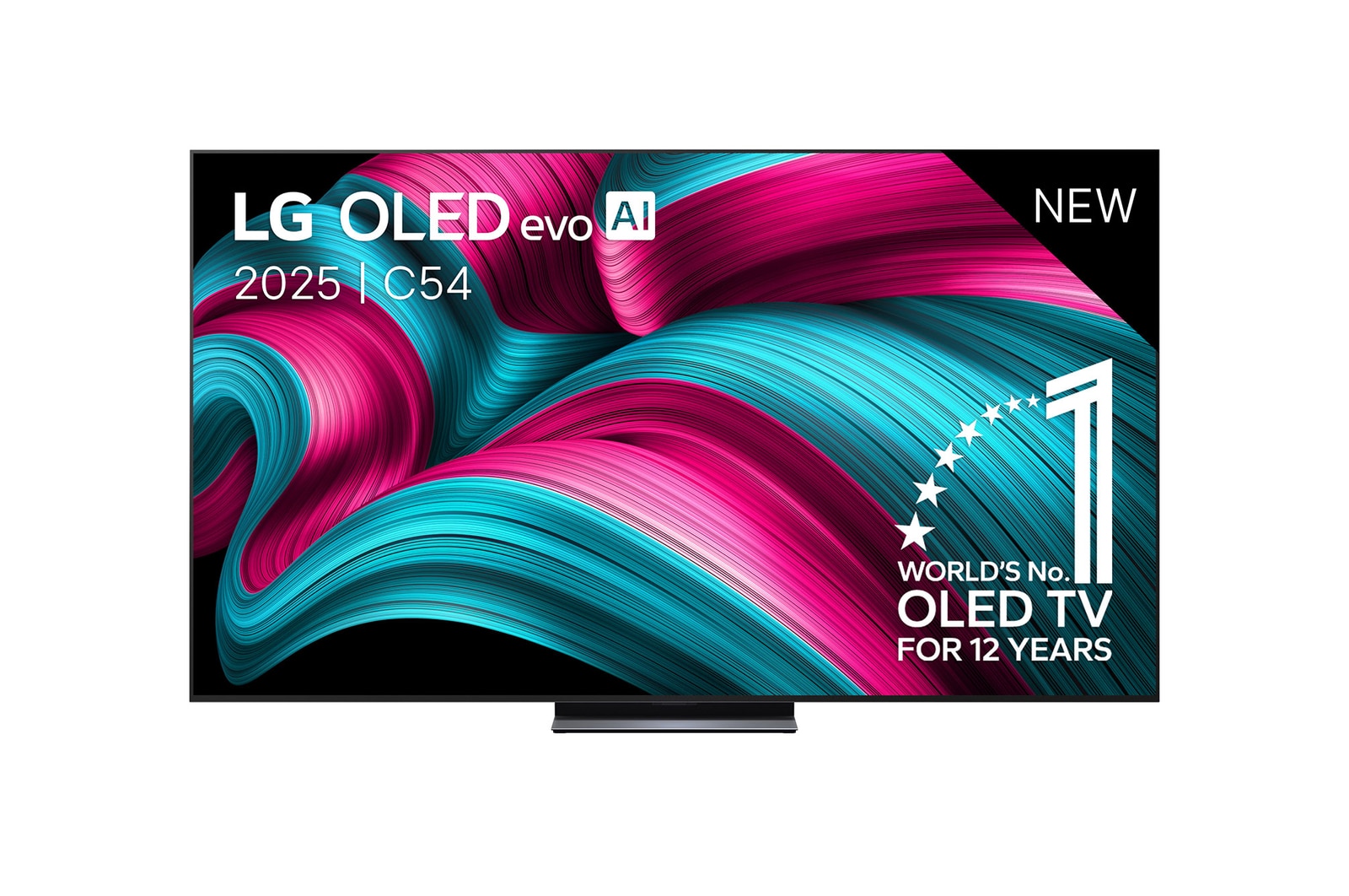 Vooraanzicht van LG OLED evo AI C5 4K Smart TV. 12 jaar nummer 1 OLED-embleem ter wereld en het LG OLED evo AI 2025-logo staan ​​op het scherm.