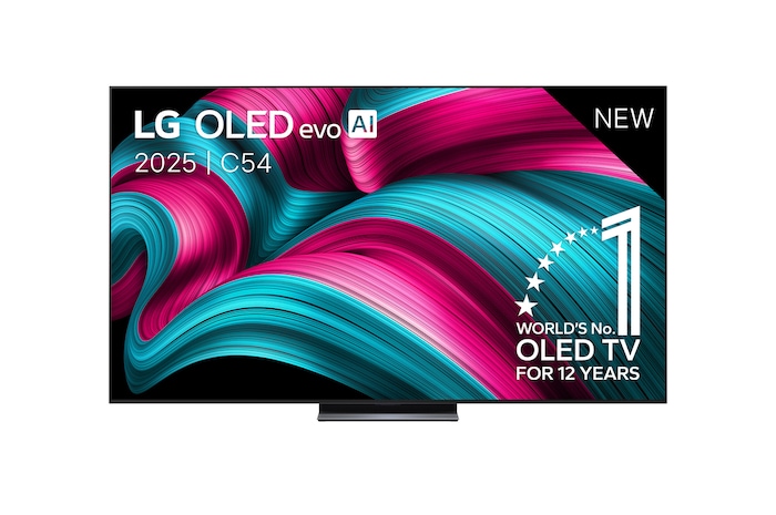 Vooraanzicht van LG OLED evo AI C5 4K Smart TV. 12 jaar nummer 1 OLED-embleem ter wereld en het LG OLED evo AI 2025-logo staan ​​op het scherm.