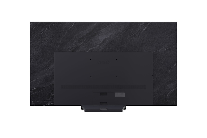 Vooraanzicht en zijaanzicht van LG OLED evo AI C5 4K Smart TV met de lengte-, breedte-, hoogte- en diepteafmetingen.