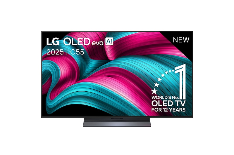 Vooraanzicht van de LG OLED evo AI C5 4K Smart TV. Embleem met ‘12 jaar werelds nummer 1 OLED’ en ‘LG OLED evo AI 2025’-logo staan op het scherm.