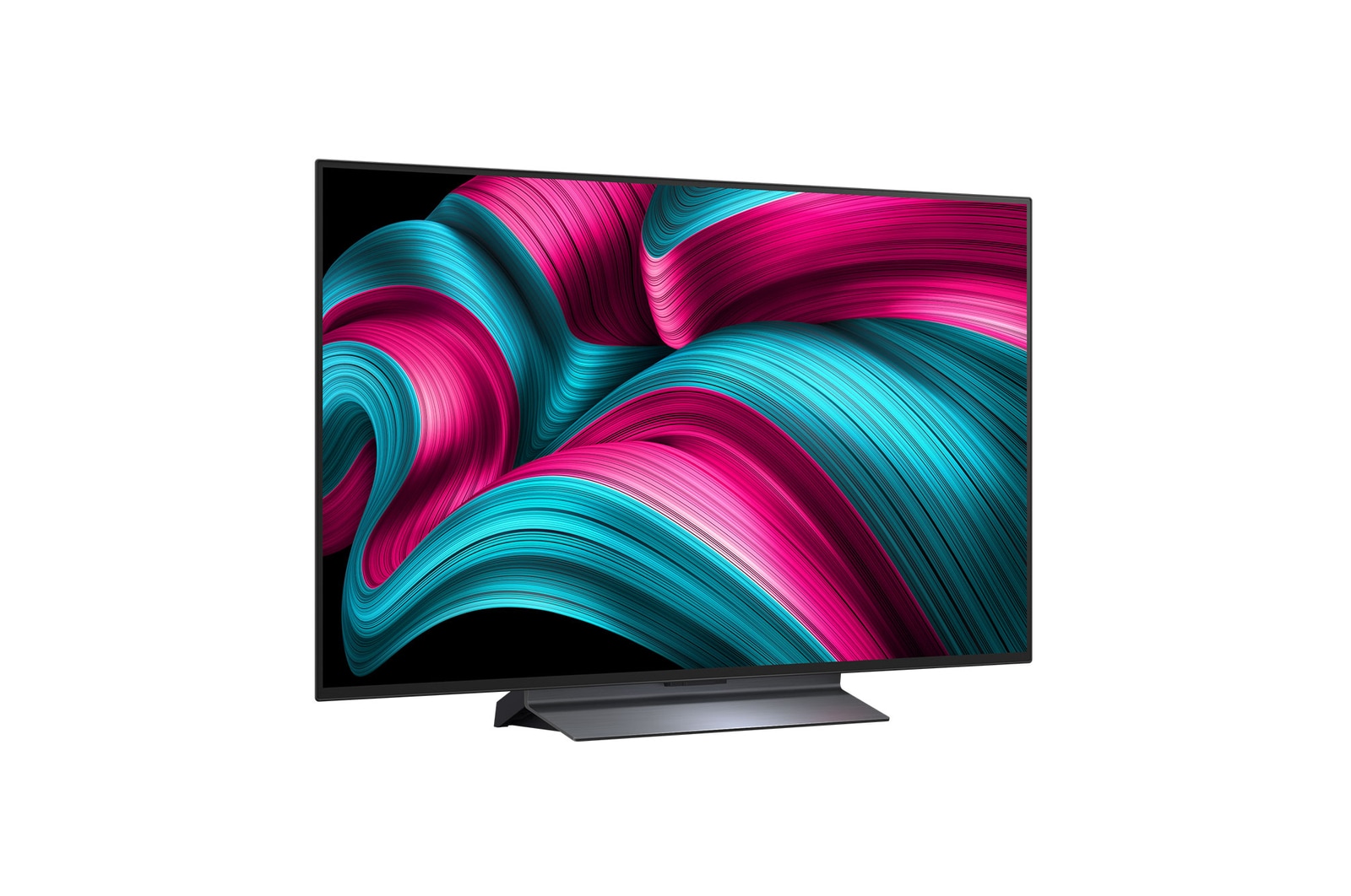 Een schuin aanzicht van een LG OLED evo AI C5 4K Smart TV.