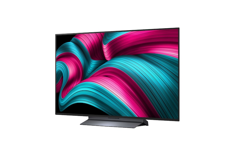 Vooraanzicht en zijaanzicht van een LG OLED evo AI C5 4K Smart TV die de lengte-, breedte-, hoogte- en diepteafmetingen weergeven.