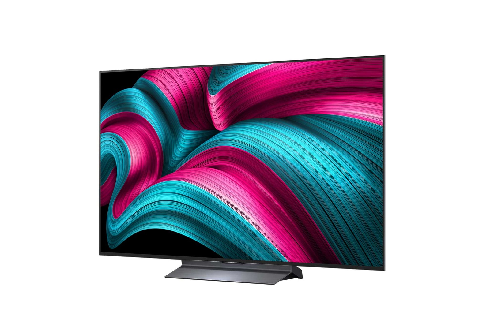 Vooraanzicht en zijaanzicht van een LG OLED evo AI C5 4K Smart TV die de lengte-, breedte-, hoogte- en diepteafmetingen weergeven.