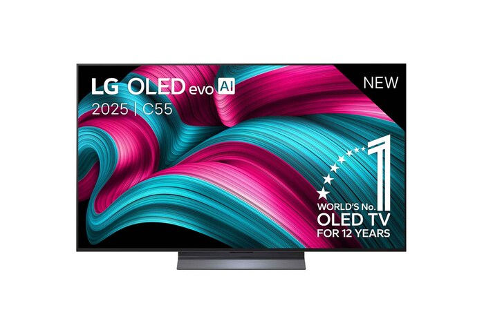Vooraanzicht van de LG OLED evo AI C5 4K Smart TV. Embleem met ‘12 jaar werelds nummer 1 OLED’ en ‘LG OLED evo AI 2025’-logo staan op het scherm.