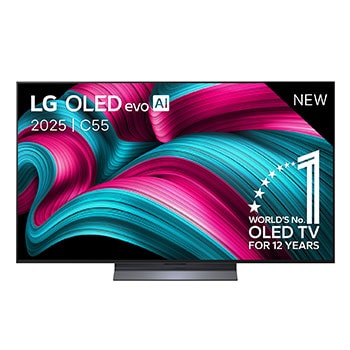Vooraanzicht van de LG OLED evo AI C5 4K Smart TV. Embleem met ‘12 jaar werelds nummer 1 OLED’ en ‘LG OLED evo AI 2025’-logo staan op het scherm.