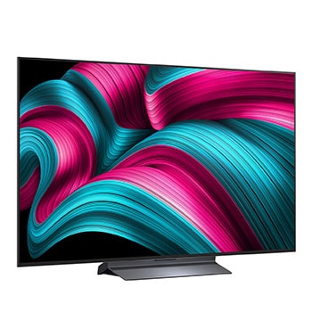 Een schuin aanzicht van een LG OLED evo AI C5 4K Smart TV.