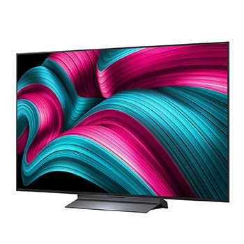 Vooraanzicht en zijaanzicht van een LG OLED evo AI C5 4K Smart TV die de lengte-, breedte-, hoogte- en diepteafmetingen weergeven.