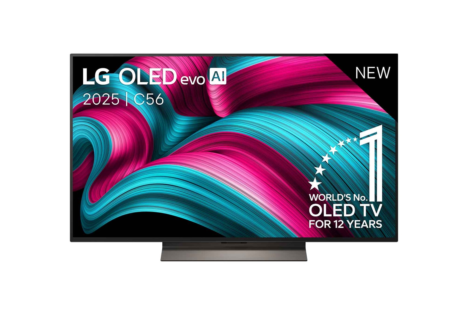 Vooraanzicht van de LG OLED evo AI C5 4K Smart TV. Embleem met ‘12 jaar werelds nummer 1 OLED’ en ‘LG OLED evo AI 2025’-logo staan op het scherm.