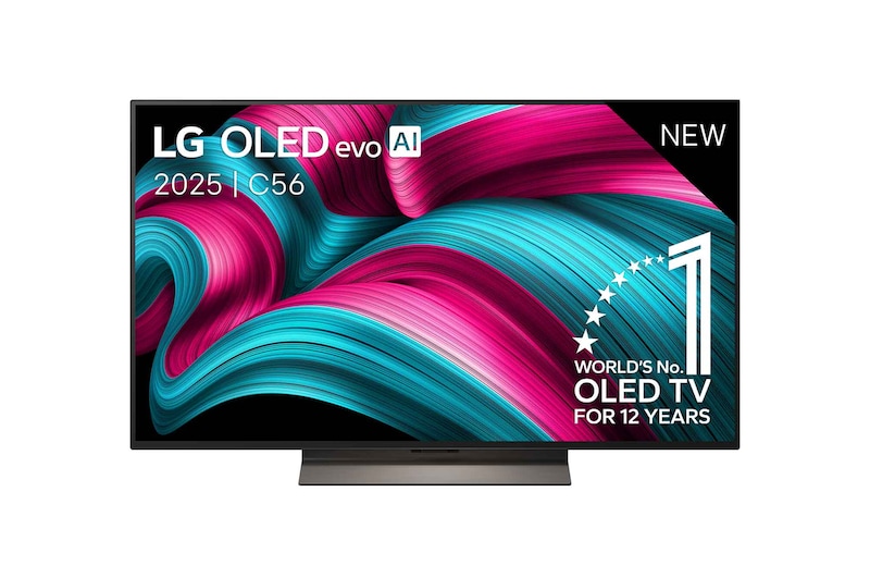 Vooraanzicht van de LG OLED evo AI C5 4K Smart TV. Embleem met ‘12 jaar werelds nummer 1 OLED’ en ‘LG OLED evo AI 2025’-logo staan op het scherm.
