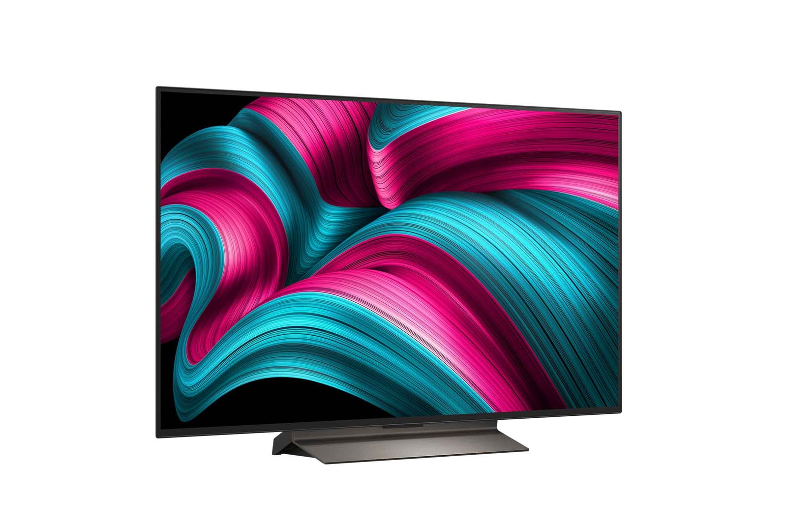 Een schuin aanzicht van een LG OLED evo AI C5 4K Smart TV.