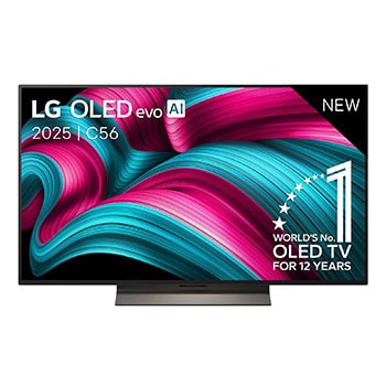 Vooraanzicht van de LG OLED evo AI C5 4K Smart TV. Embleem met ‘12 jaar werelds nummer 1 OLED’ en ‘LG OLED evo AI 2025’-logo staan op het scherm.