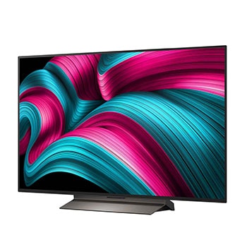 Vooraanzicht en zijaanzicht van een LG OLED evo AI C5 4K Smart TV die de lengte-, breedte-, hoogte- en diepteafmetingen weergeven.