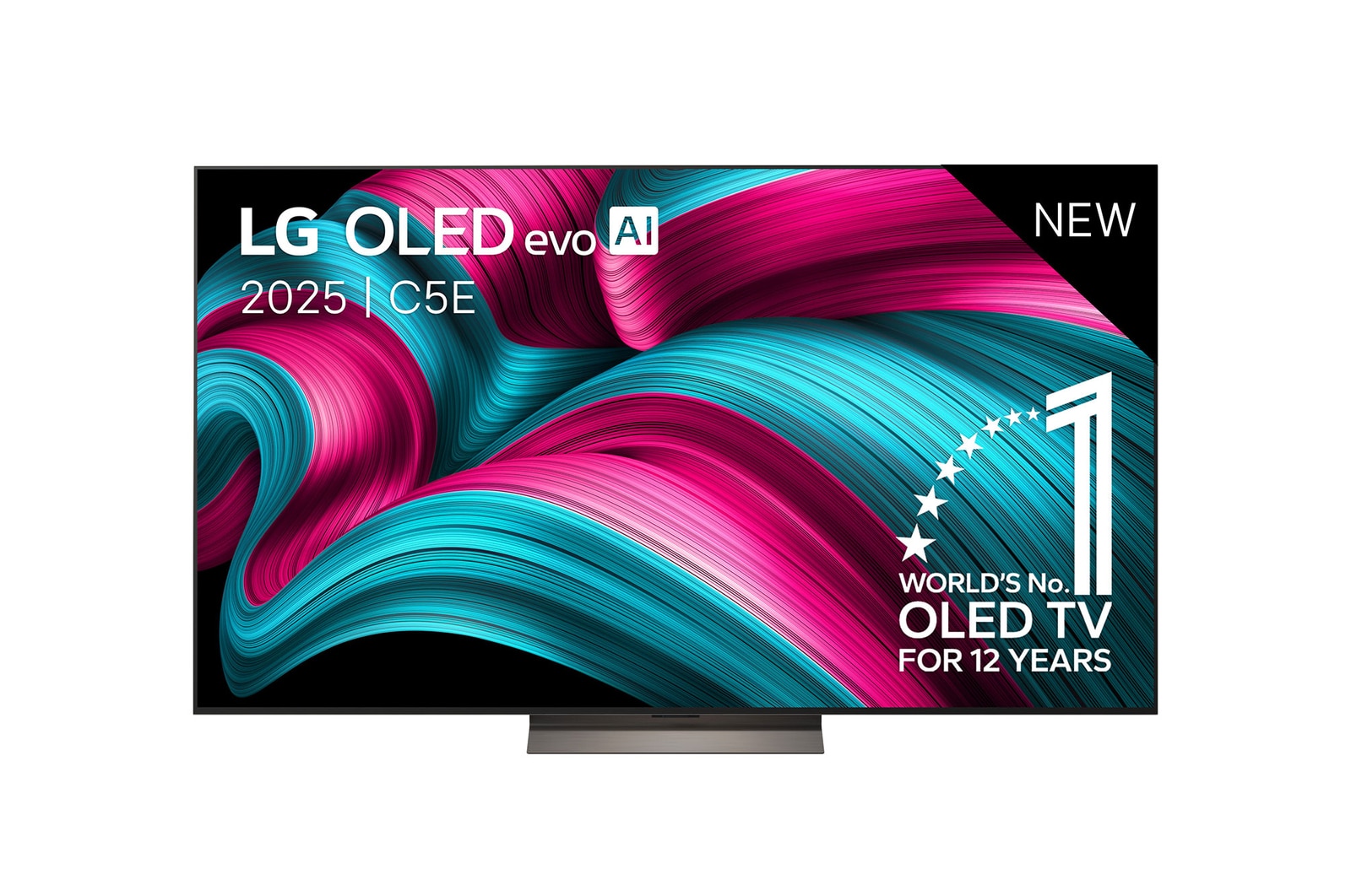 Vooraanzicht van LG OLED evo AI C5 4K Smart TV. 12 jaar nummer 1 OLED-embleem ter wereld en het LG OLED evo AI 2025-logo staan ​​op het scherm.