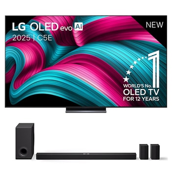 Vooraanzicht van LG OLED evo AI C5 4K Smart TV. 12 jaar nummer 1 OLED-embleem ter wereld en het LG OLED evo AI 2025-logo staan ​​op het scherm.