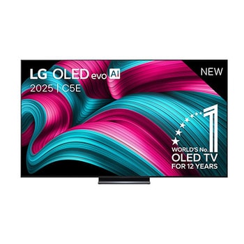 Vooraanzicht van LG OLED evo AI C5 4K Smart TV. 12 jaar nummer 1 OLED-embleem ter wereld en het LG OLED evo AI 2025-logo staan ​​op het scherm.
