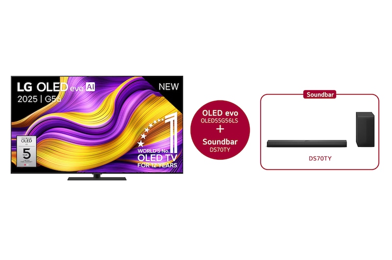 Vooraanzicht van 55 inch LG OLED evo AI G5 4K Smart TV 2025 & DS70TY 3.1.1 kanaal  OLED55G56LS.DS70TY