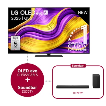Vooraanzicht van 55 inch LG OLED evo AI G5 4K Smart TV 2025 & DS70TY 3.1.1 kanaal  OLED55G56LS.DS70TY
