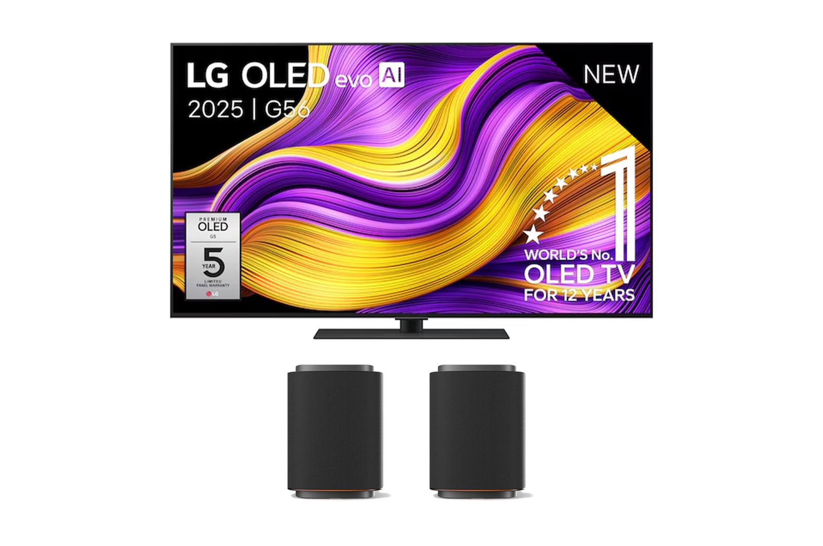 Vooraanzicht van 55 inch LG OLED evo AI G5 4K Smart TV 2025 & LG Sound Suite M7  OLED55G56LS.M7M7002