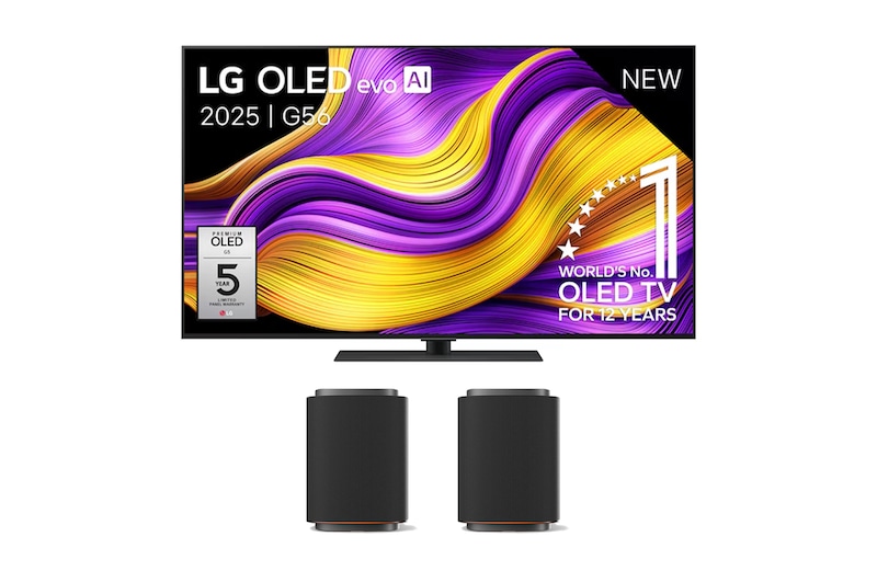 Vooraanzicht van 55 inch LG OLED evo AI G5 4K Smart TV 2025 & LG Sound Suite M7  OLED55G56LS.M7M7002