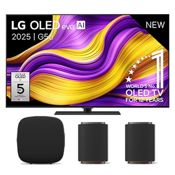 Vooraanzicht van 55 inch LG OLED evo AI G5 4K Smart TV 2025 & LG Sound Suite M7 & LG Sound Suite W7 OLED55G56LS.M7M7W7001