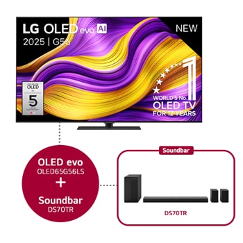 Vooraanzicht van 65 inch LG OLED evo AI G5 4K Smart TV 2025 & DS70TR 5.1.1-kanaals OLED65G56LS.DS70TR