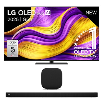 Vooraanzicht van 65 inch LG OLED evo AI G5 4K Smart TV 2025 & LG Sound Suite H7 & LG Sound Suite W7 OLED65G56LS.H7W7001