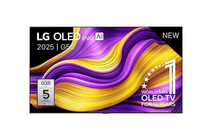 Vooraanzicht van LG OLED evo AI G5 4K Smart TV. 12 jaar nummer 1 OLED-embleem ter wereld en het LG OLED evo AI 2025-logo staan ​​op het scherm.